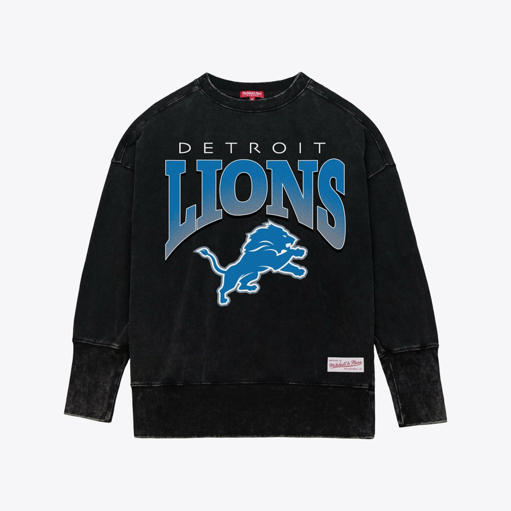 Detroit Lions Women's Delineate Mineral Wash Crewneck Sweatshirt - Black - Mitchell & Ness