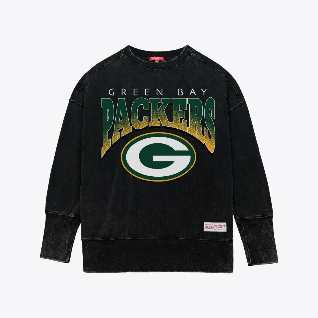 Green Bay Packers Women's Delineate Mineral Wash Crewneck Sweatshirt - Black - Mitchell & Ness