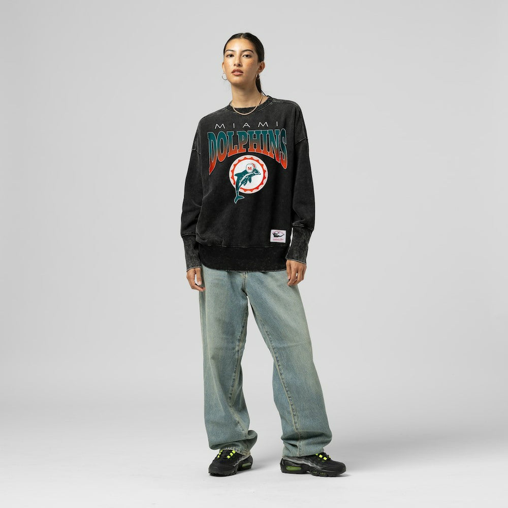 Miami Dolphins Women's Delineate Mineral Wash Crewneck Sweatshirt - Black - Mitchell & Ness