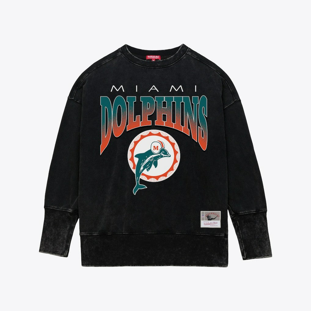 Miami Dolphins Women's Delineate Mineral Wash Crewneck Sweatshirt - Black - Mitchell & Ness
