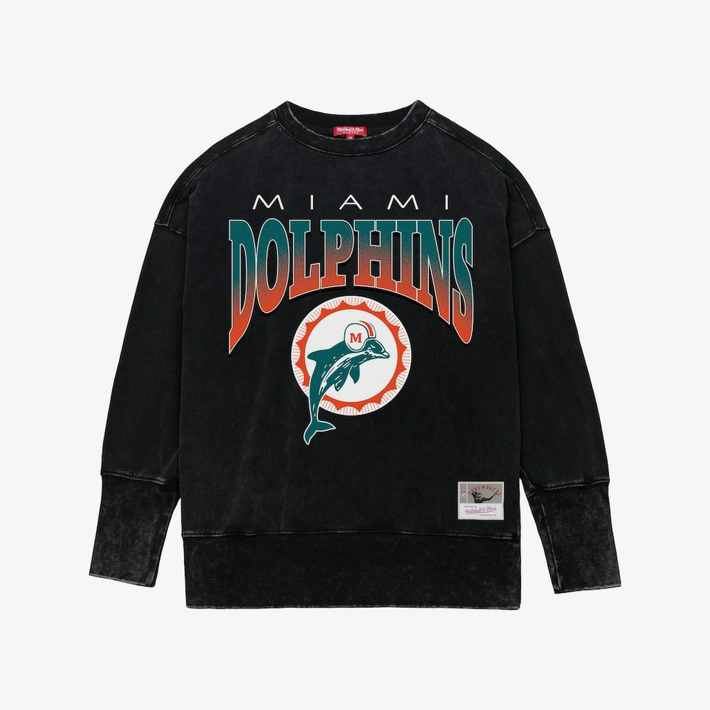 Miami Dolphins Women's Delineate Mineral Wash Crewneck Sweatshirt - Black - Mitchell & Ness