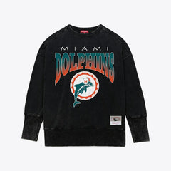 Miami Dolphins Women's Delineate Mineral Wash Crewneck Sweatshirt - Black - Mitchell & Ness