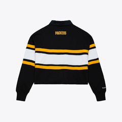 Green Bay Packers Women's Cropped Long Sleeve Rugby Polo - Black - Mitchell & Ness