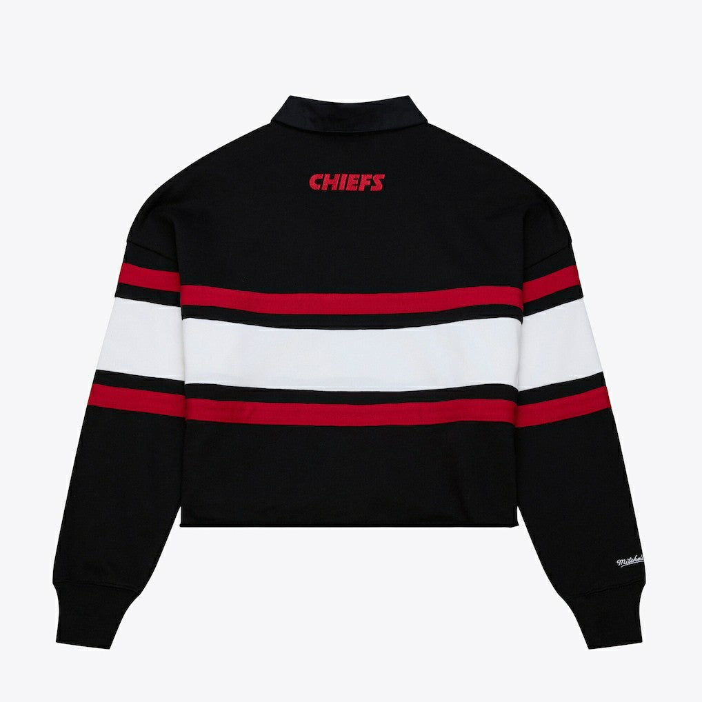 Kansas City Chiefs Women's Cropped Long Sleeve Rugby Polo - Black - Mitchell & Ness
