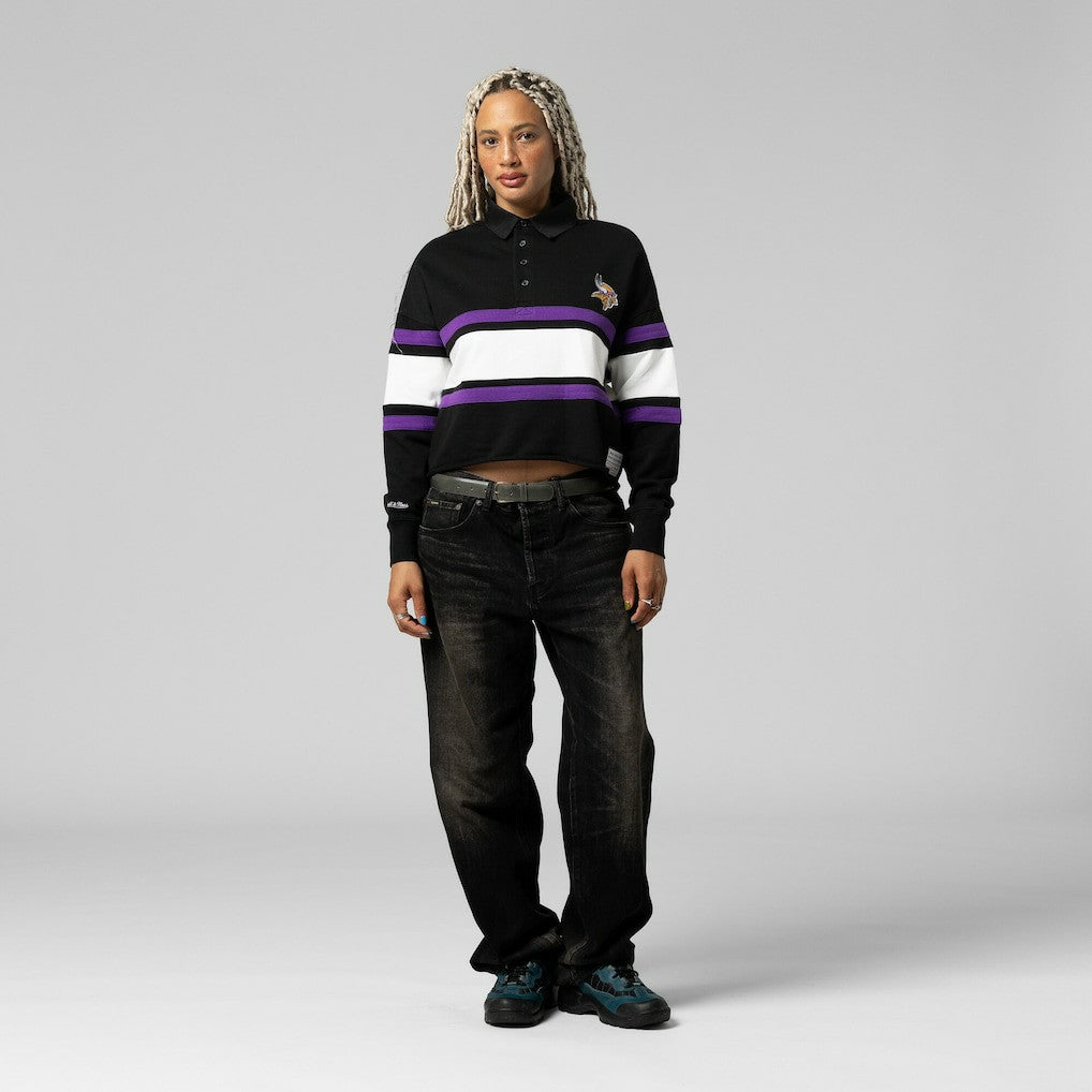 Minnesota Vikings Women's Cropped Long Sleeve Rugby Polo - Black - Mitchell & Ness
