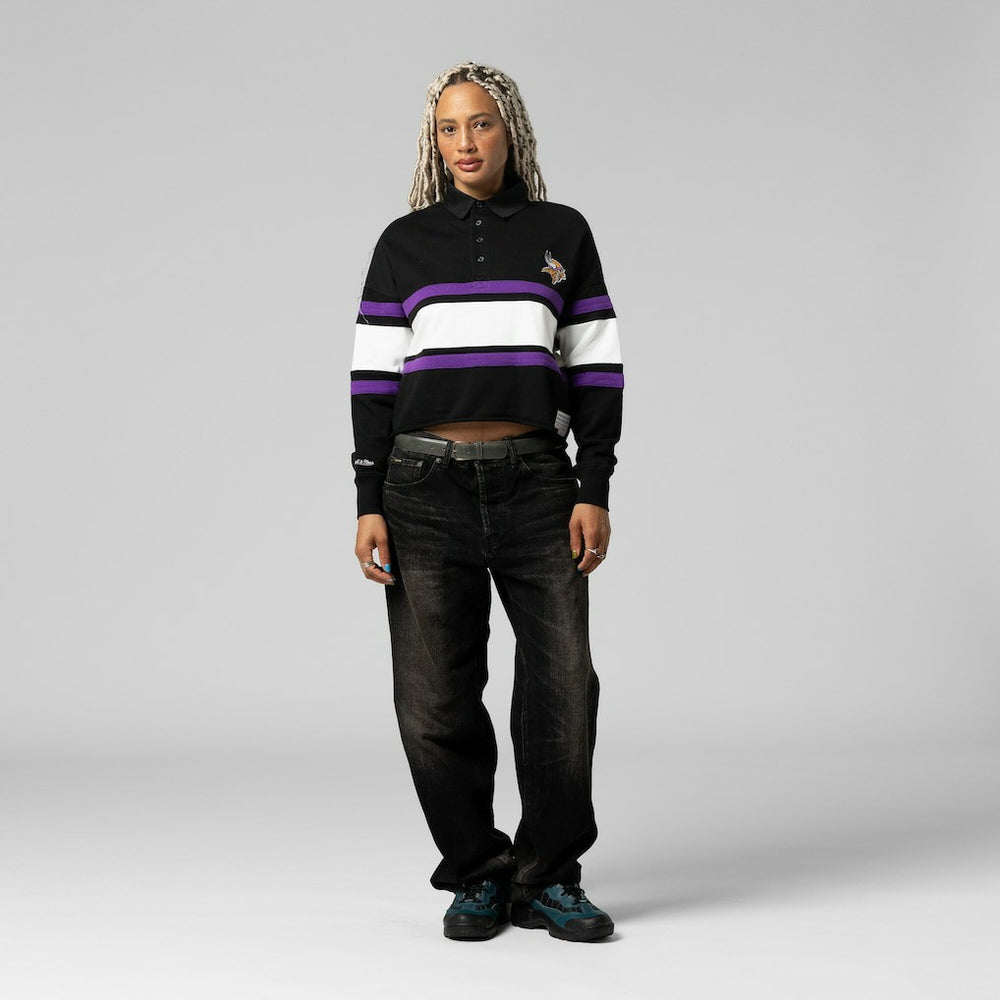 Minnesota Vikings Women's Cropped Long Sleeve Rugby Polo - Black - Mitchell & Ness