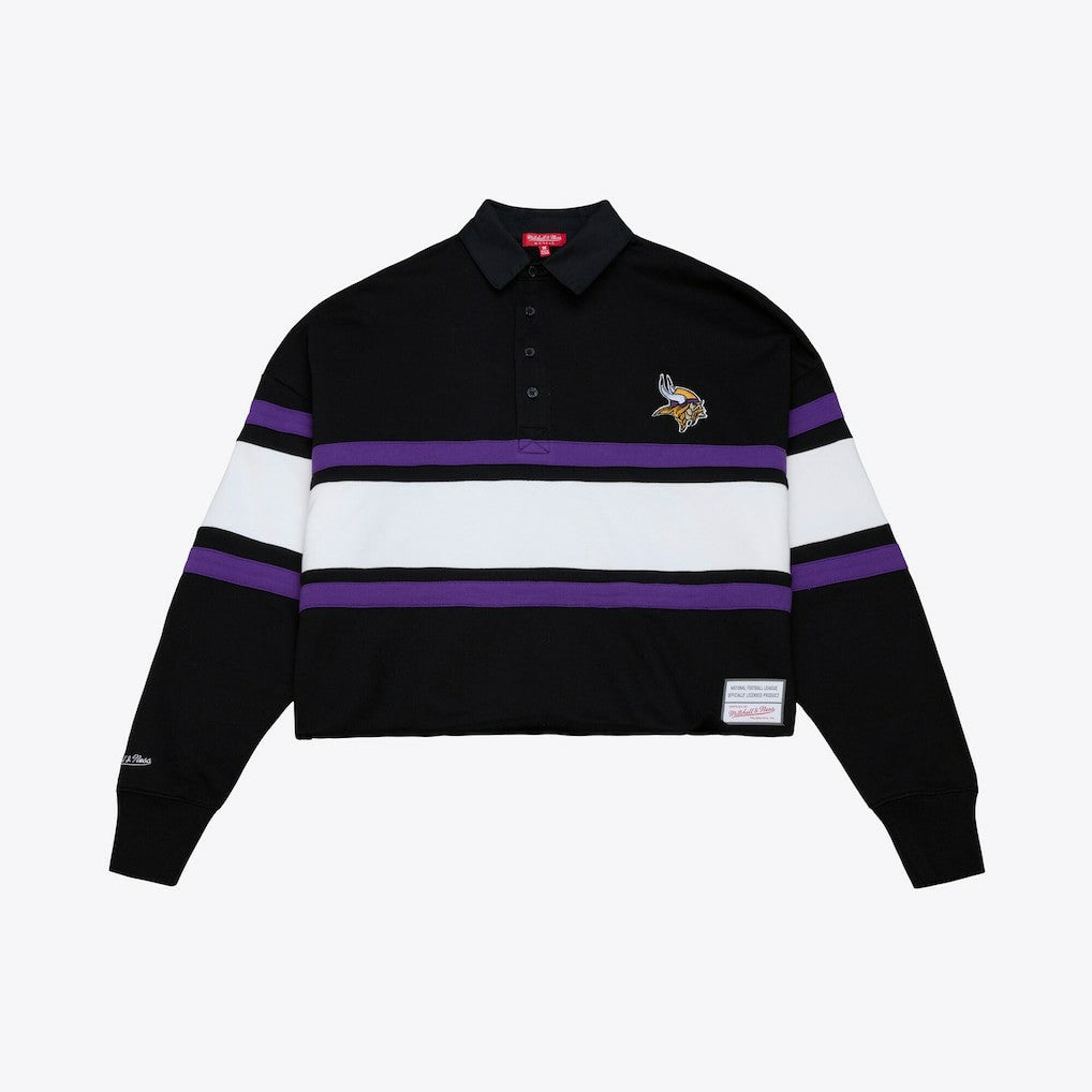 Minnesota Vikings Women's Cropped Long Sleeve Rugby Polo - Black - Mitchell & Ness
