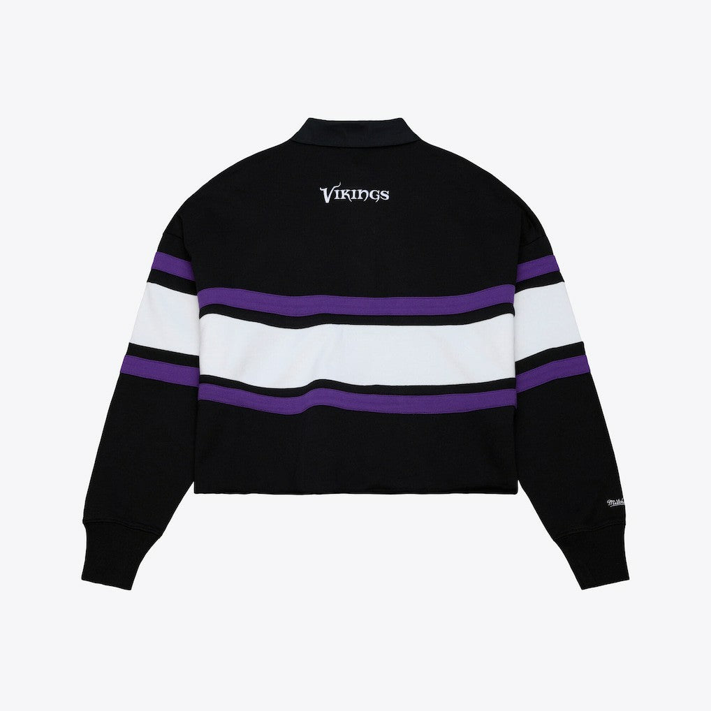 Minnesota Vikings Women's Cropped Long Sleeve Rugby Polo - Black - Mitchell & Ness