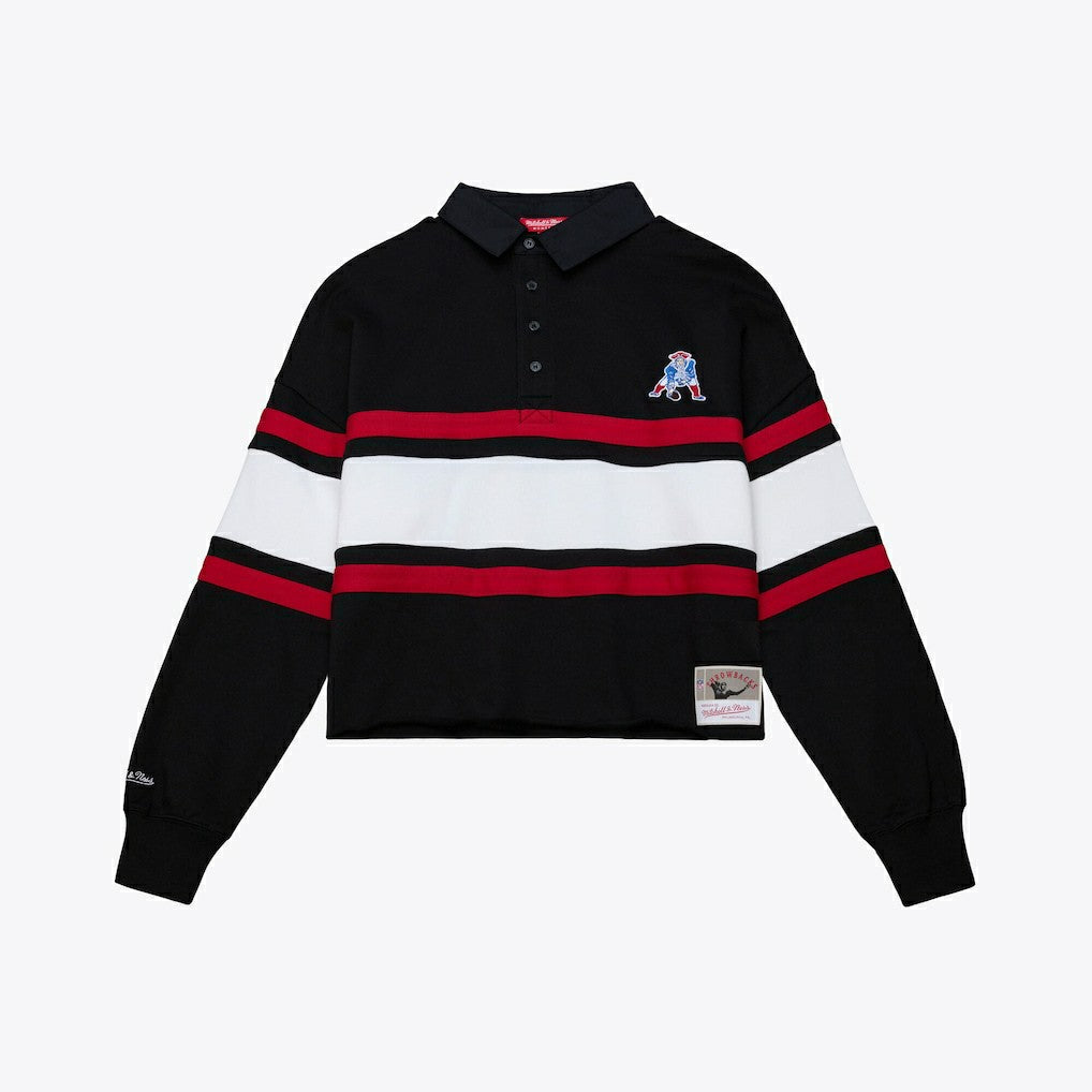 New England Patriots Women's Throwback Cropped Long Sleeve Rugby Polo - Black - Mitchell & Ness