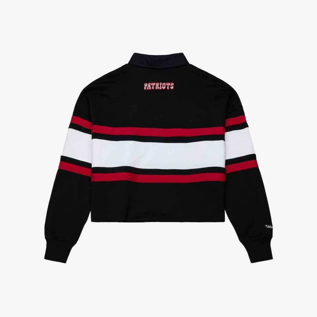 New England Patriots Women's Throwback Cropped Long Sleeve Rugby Polo - Black - Mitchell & Ness