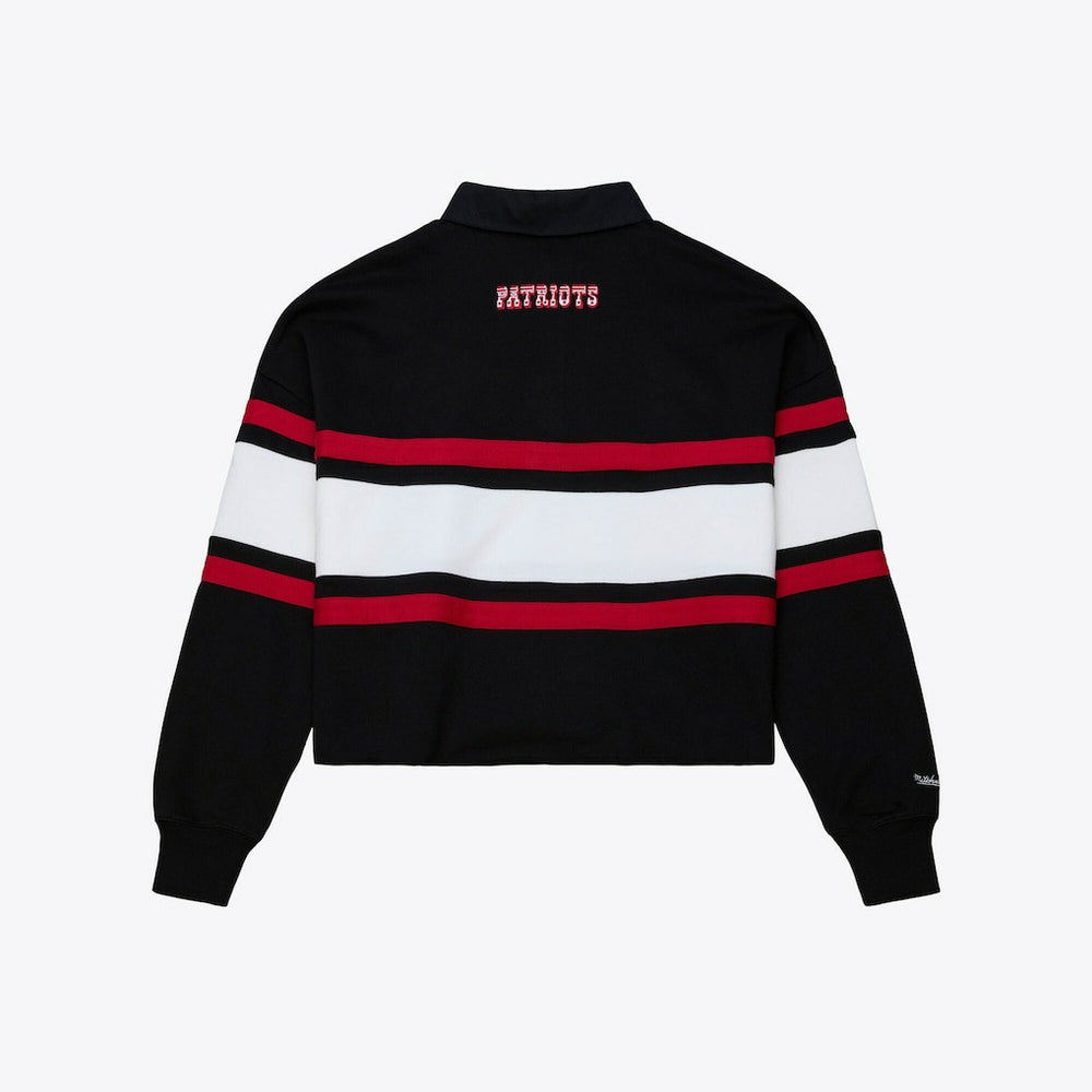 New England Patriots Women's Throwback Cropped Long Sleeve Rugby Polo - Black - Mitchell & Ness
