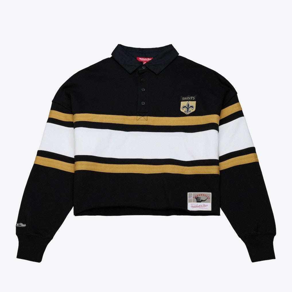 New Orleans Saints Women's Cropped Long Sleeve Rugby Polo - Black - Mitchell & Ness