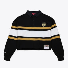 New Orleans Saints Women's Cropped Long Sleeve Rugby Polo - Black - Mitchell & Ness