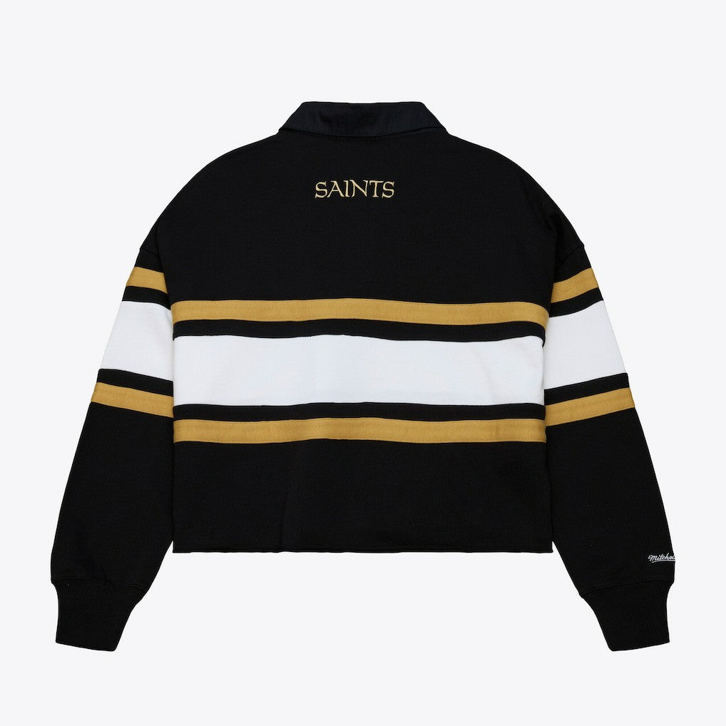 New Orleans Saints Women's Cropped Long Sleeve Rugby Polo - Black - Mitchell & Ness