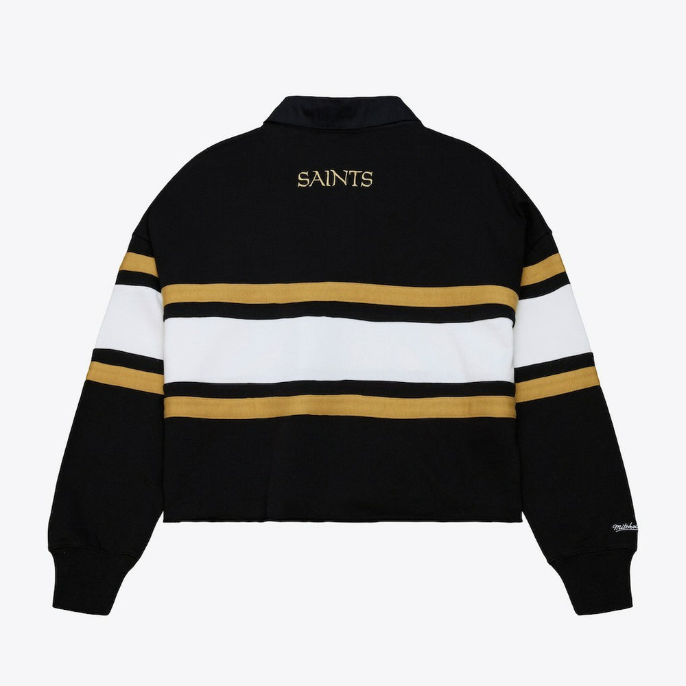 New Orleans Saints Women's Cropped Long Sleeve Rugby Polo - Black - Mitchell & Ness