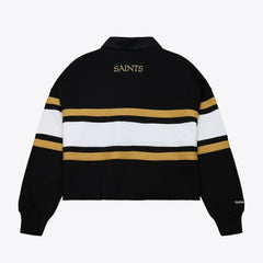 New Orleans Saints Women's Cropped Long Sleeve Rugby Polo - Black - Mitchell & Ness