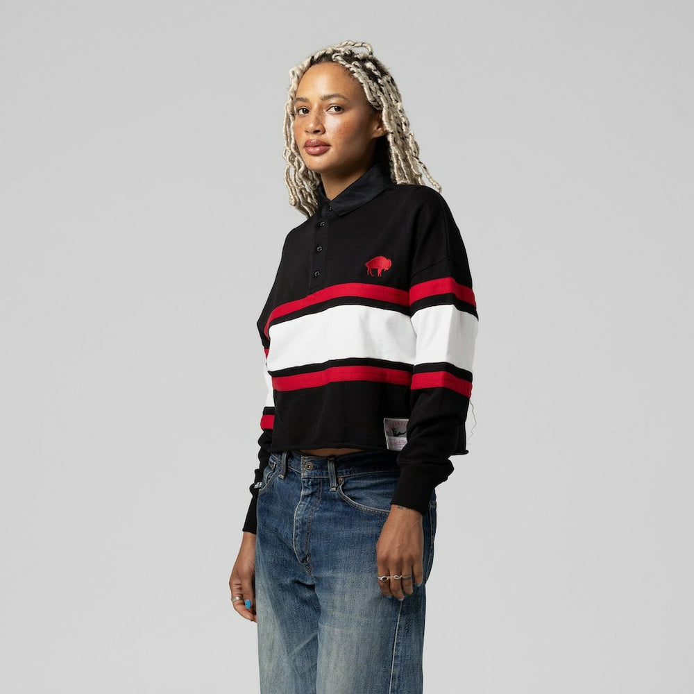 Buffalo Bills Women's Throwback Cropped Long Sleeve Rugby Polo - Black - Mitchell & Ness