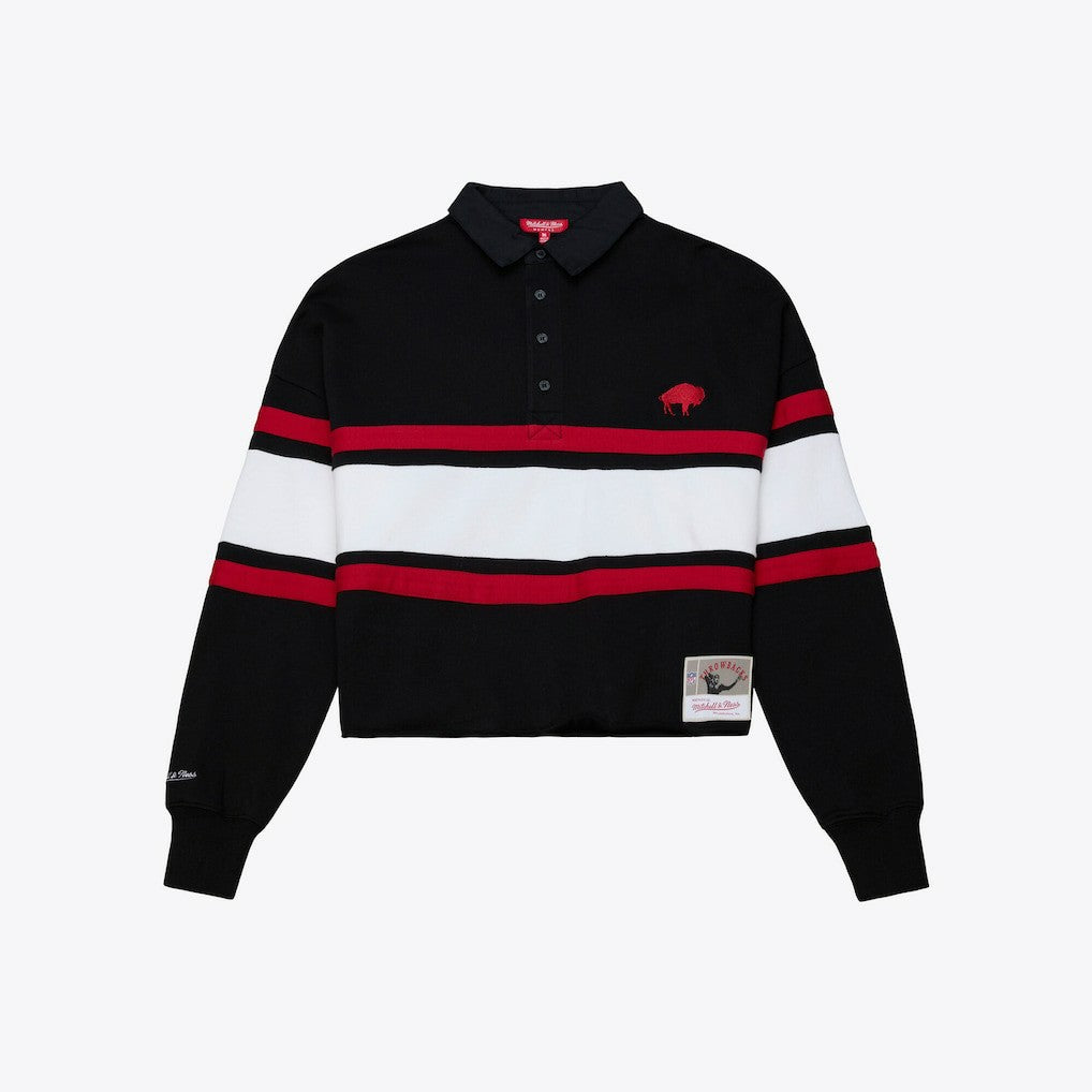 Buffalo Bills Women's Throwback Cropped Long Sleeve Rugby Polo - Black - Mitchell & Ness