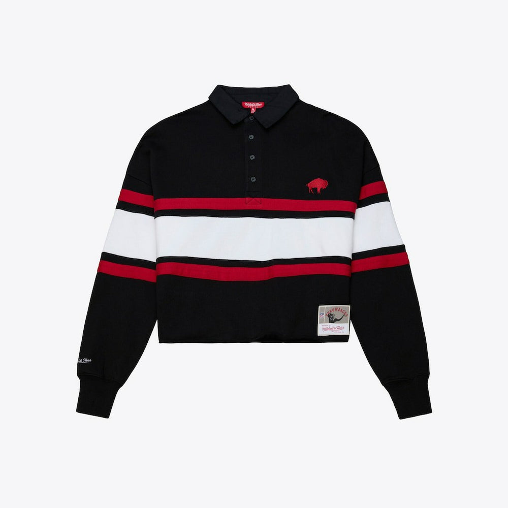Buffalo Bills Women's Throwback Cropped Long Sleeve Rugby Polo - Black - Mitchell & Ness