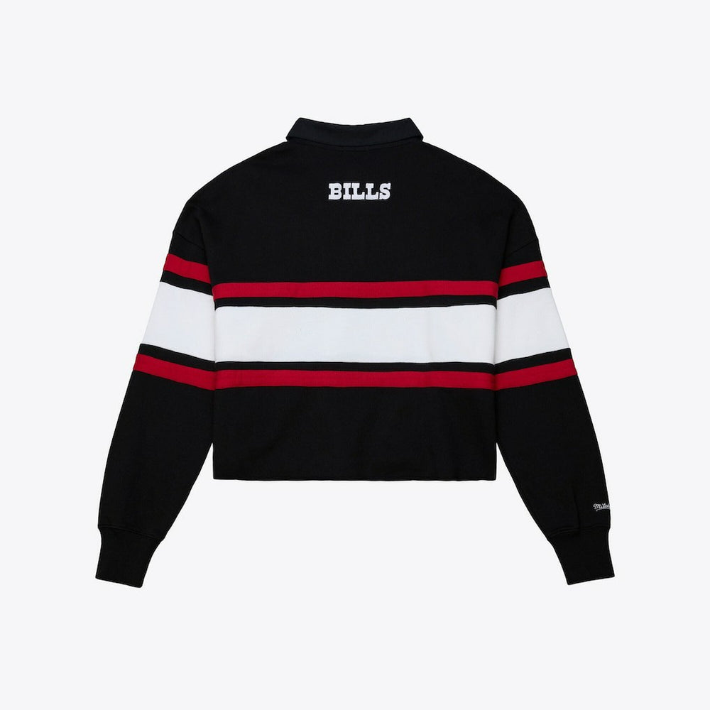 Buffalo Bills Women's Throwback Cropped Long Sleeve Rugby Polo - Black - Mitchell & Ness