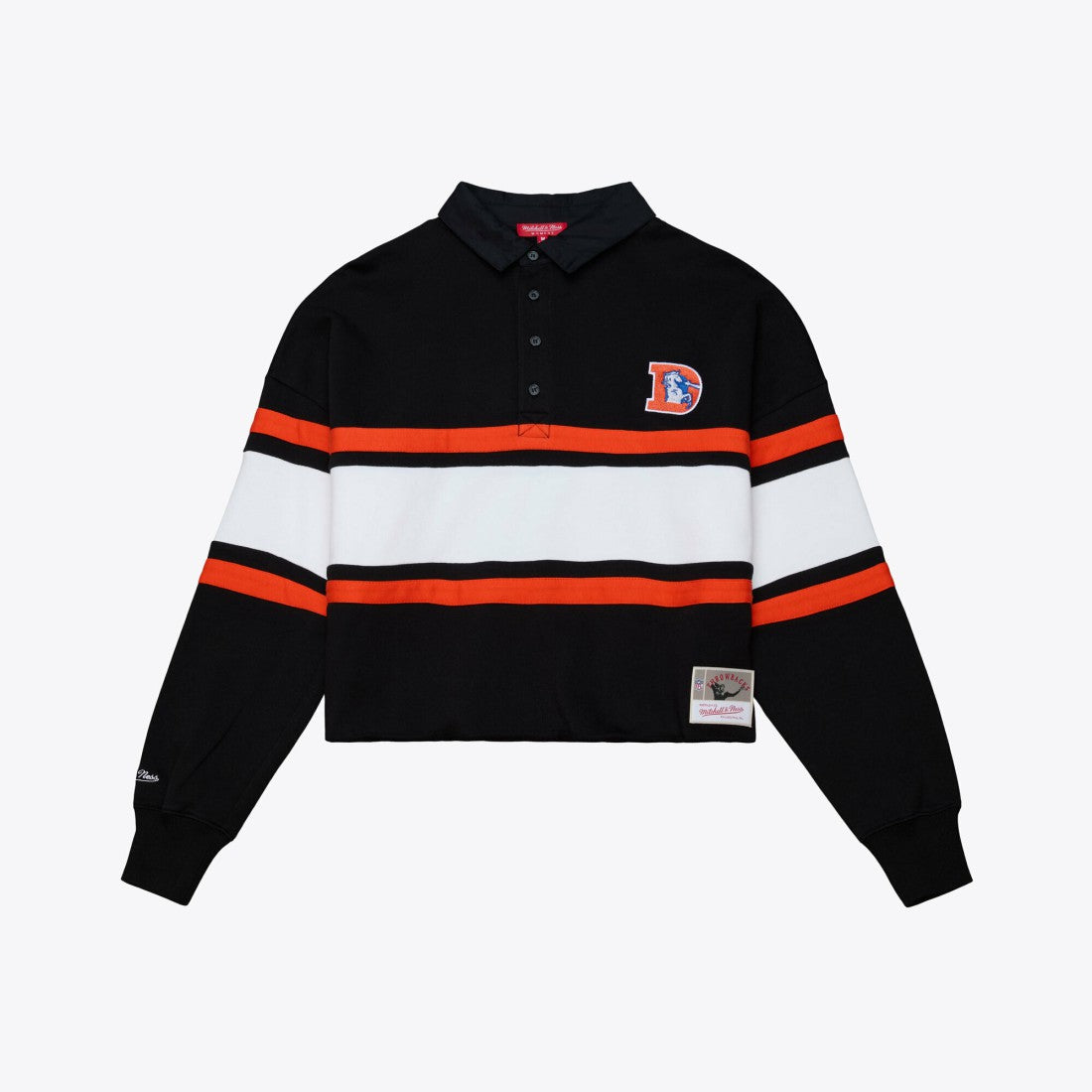 Denver Broncos Women's Throwback Cropped Long Sleeve Rugby Polo - Black - Mitchell & Ness