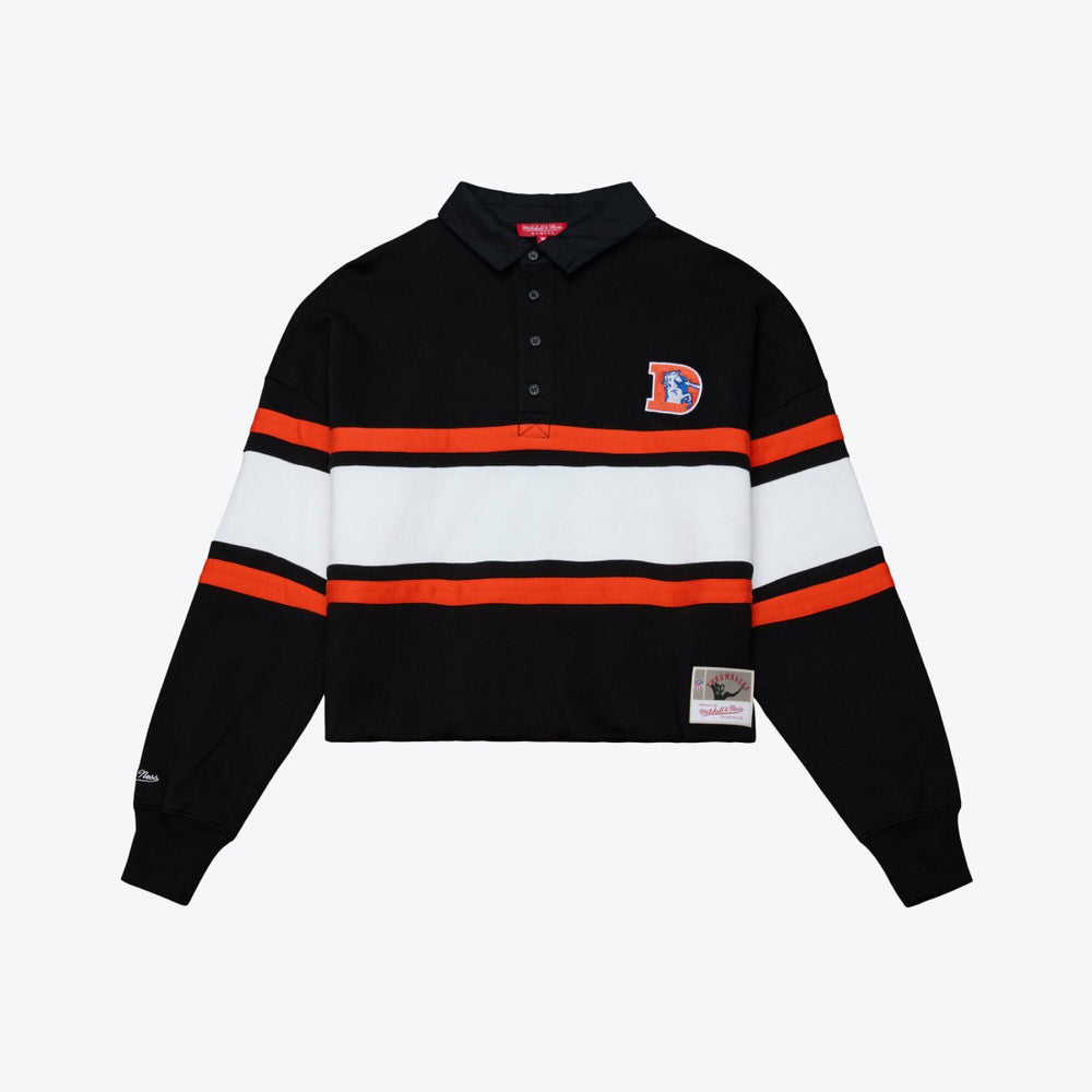 Denver Broncos Women's Throwback Cropped Long Sleeve Rugby Polo - Black - Mitchell & Ness