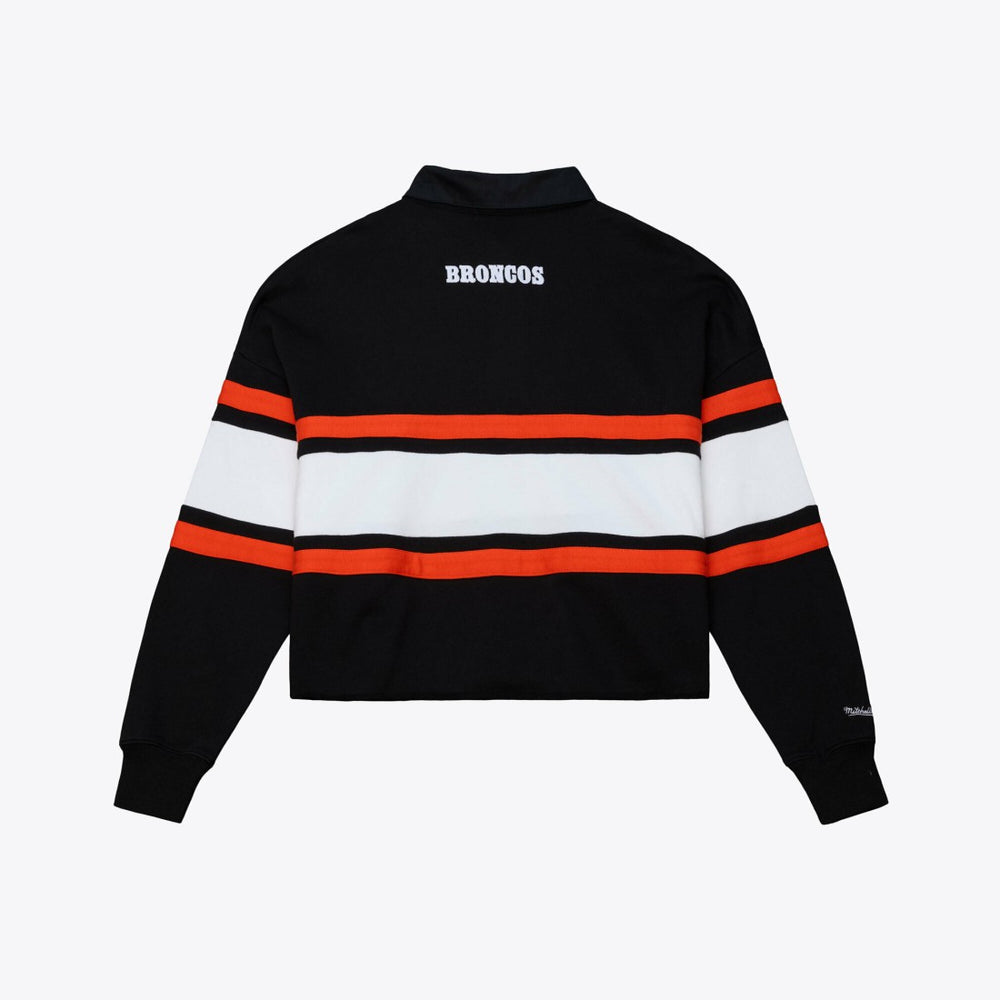 Denver Broncos Women's Throwback Cropped Long Sleeve Rugby Polo - Black - Mitchell & Ness