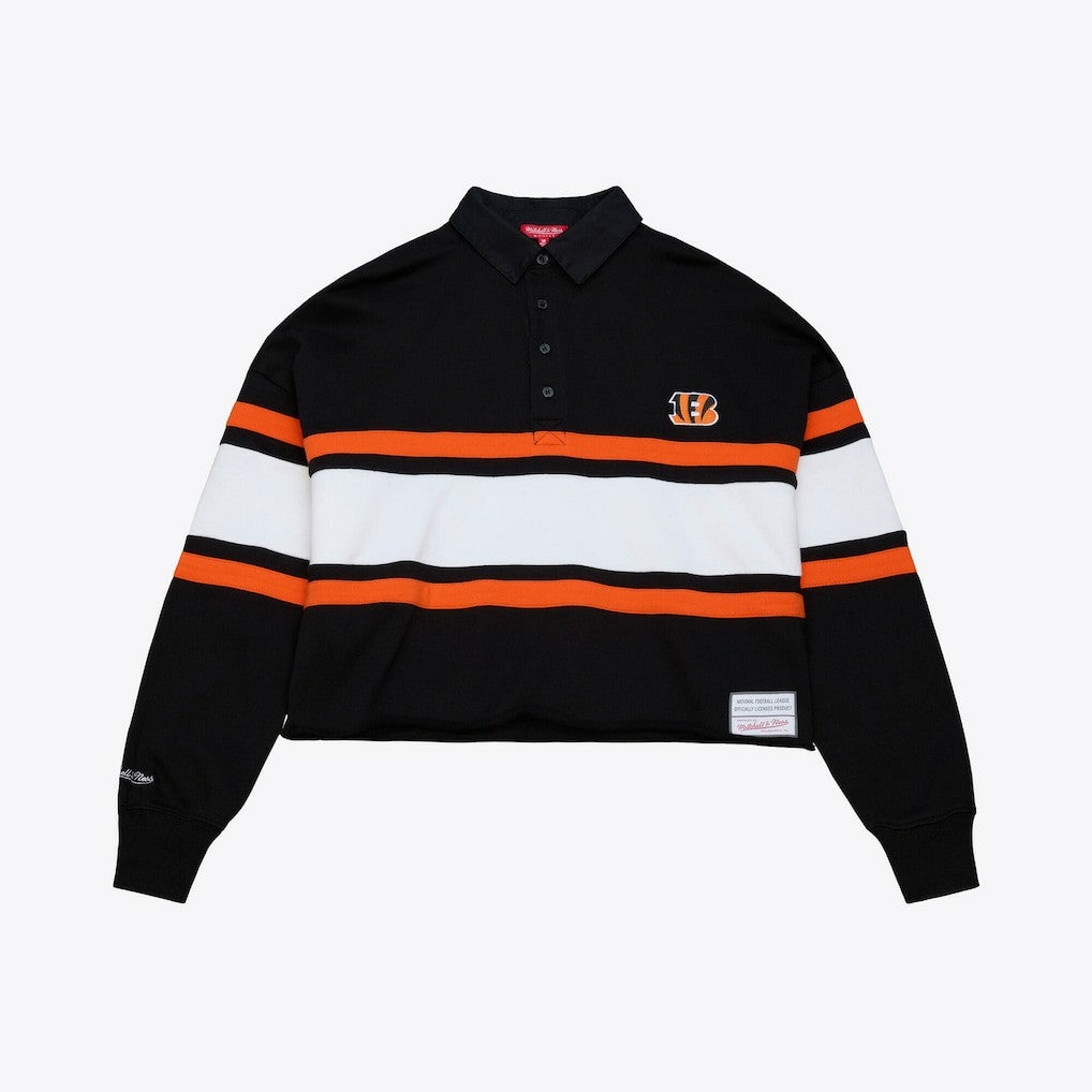 Cincinnati Bengals Women's Cropped Long Sleeve Rugby Polo - Black - Mitchell & Ness