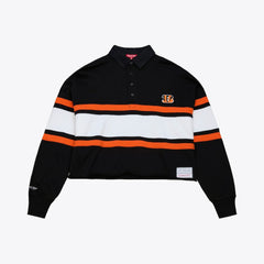 Cincinnati Bengals Women's Cropped Long Sleeve Rugby Polo - Black - Mitchell & Ness