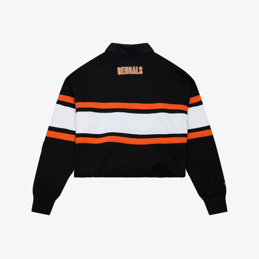 Cincinnati Bengals Women's Cropped Long Sleeve Rugby Polo - Black - Mitchell & Ness