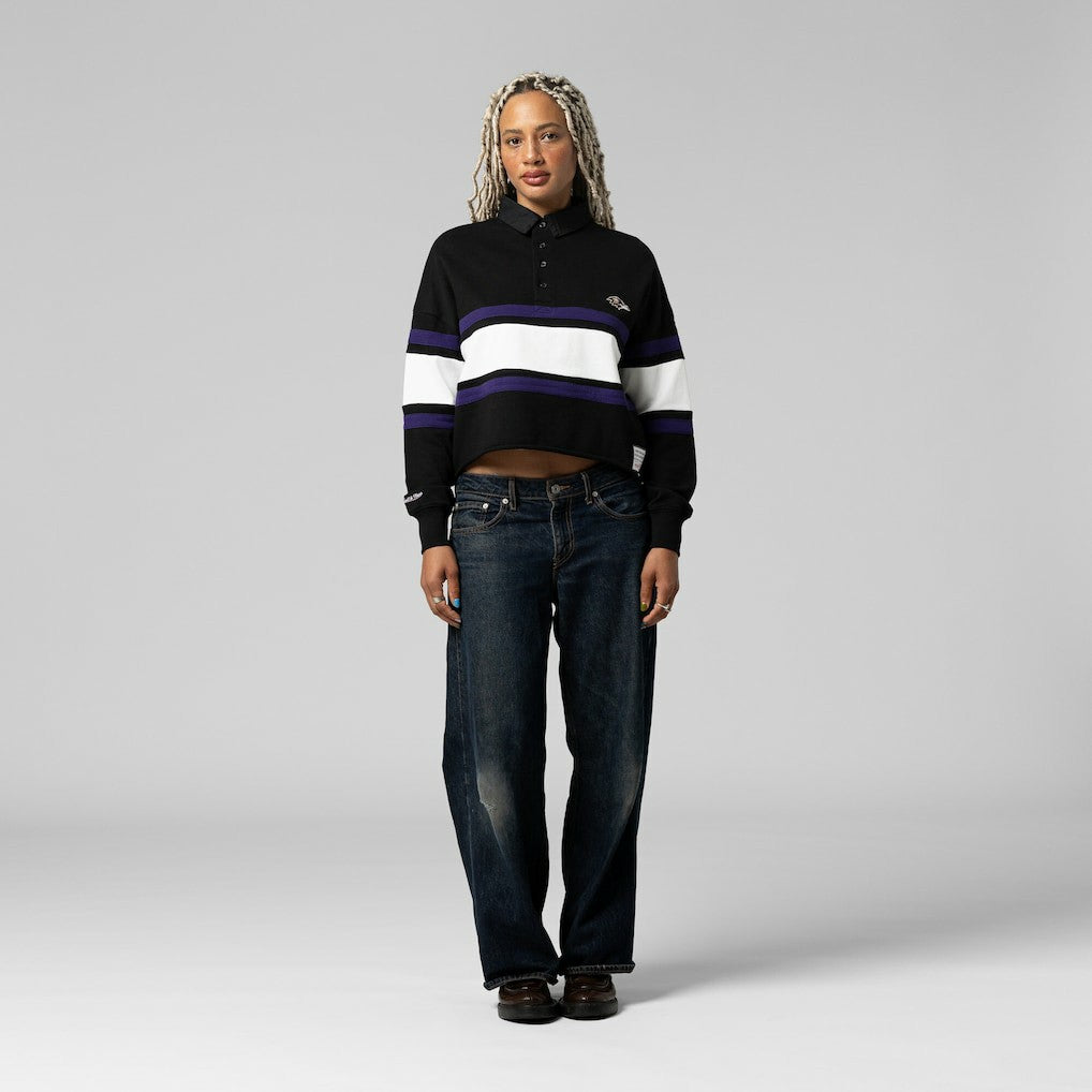 Baltimore Ravens Women's Cropped Long Sleeve Rugby Polo - Black - Mitchell & Ness