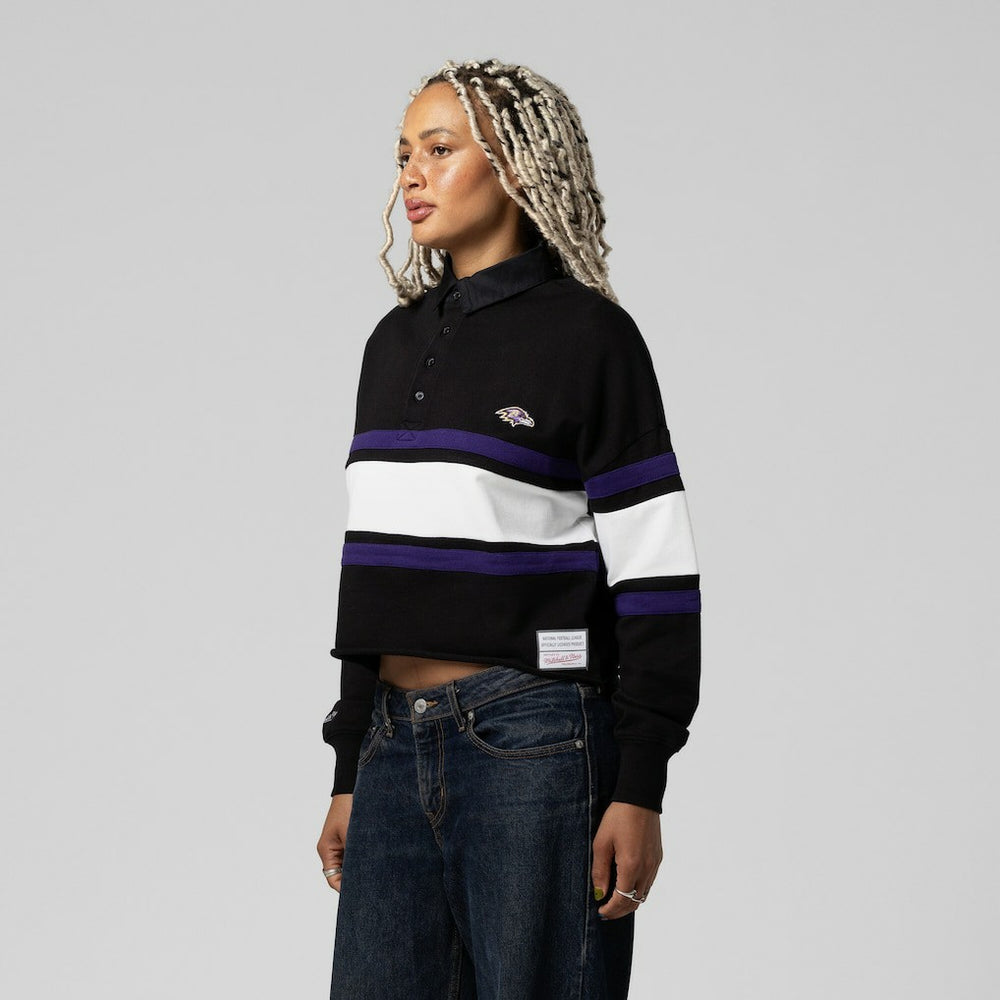 Baltimore Ravens Women's Cropped Long Sleeve Rugby Polo - Black - Mitchell & Ness