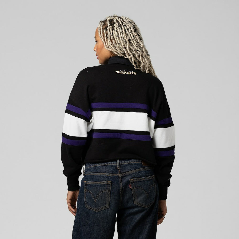 Baltimore Ravens Women's Cropped Long Sleeve Rugby Polo - Black - Mitchell & Ness