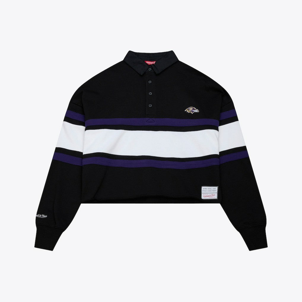 Baltimore Ravens Women's Cropped Long Sleeve Rugby Polo - Black - Mitchell & Ness