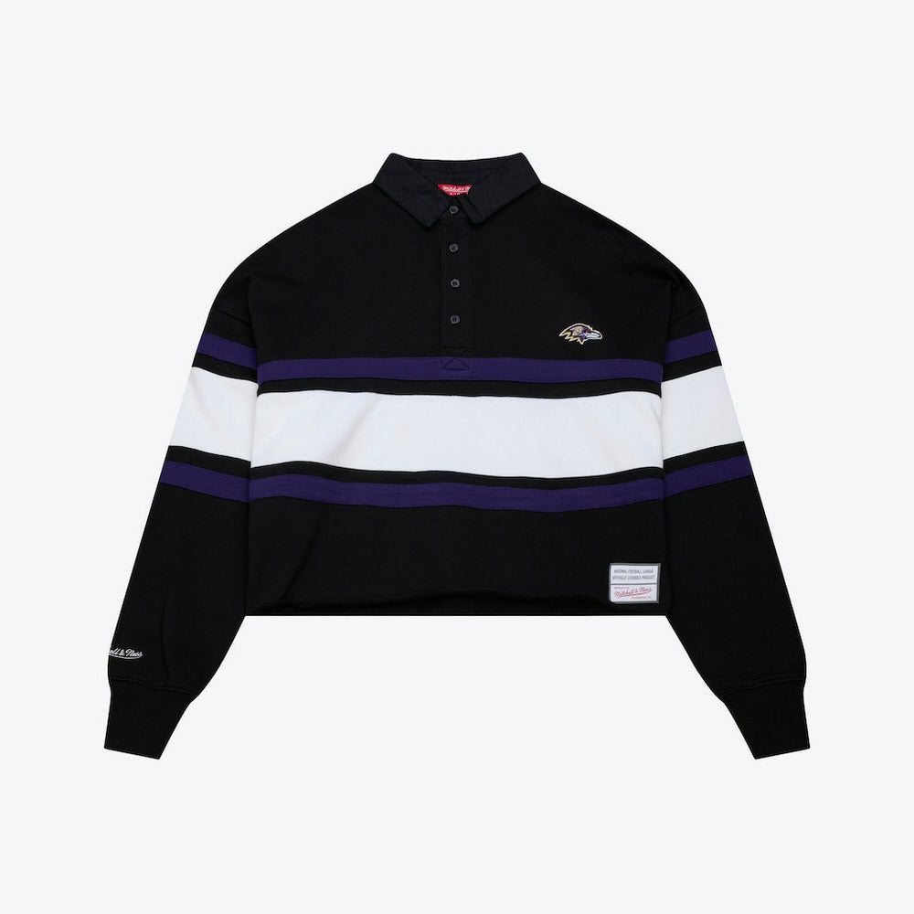 Baltimore Ravens Women's Cropped Long Sleeve Rugby Polo - Black - Mitchell & Ness