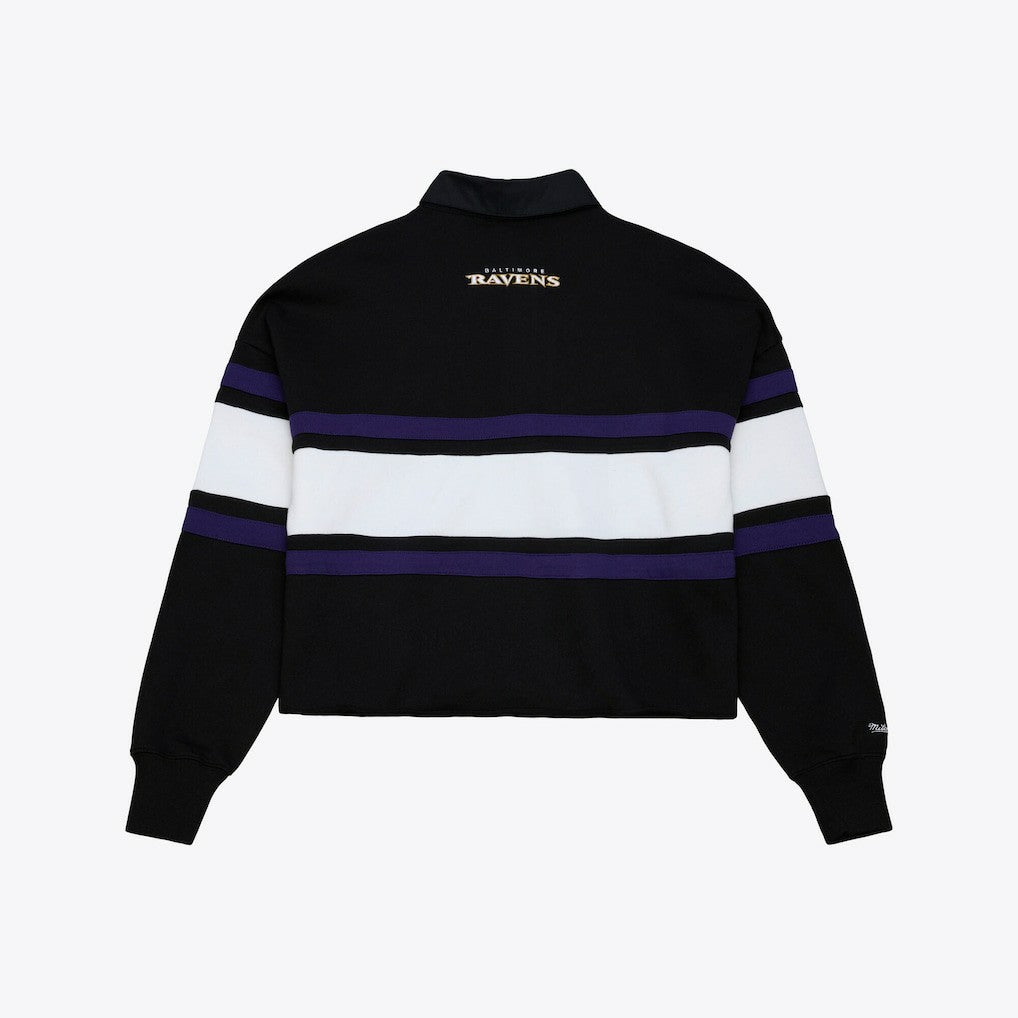 Baltimore Ravens Women's Cropped Long Sleeve Rugby Polo - Black - Mitchell & Ness