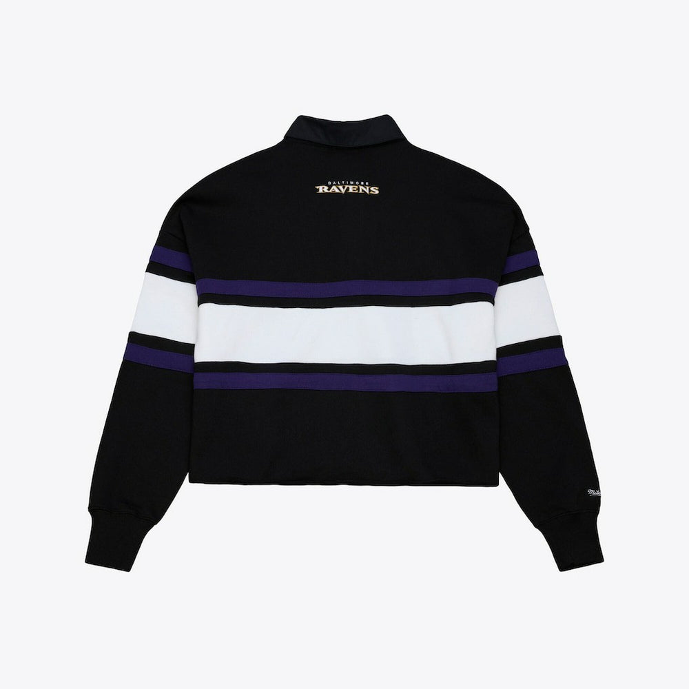 Baltimore Ravens Women's Cropped Long Sleeve Rugby Polo - Black - Mitchell & Ness