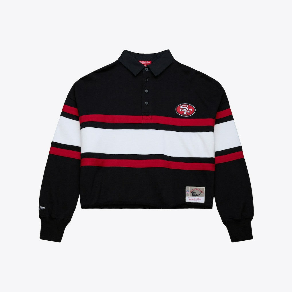 San Francisco 49ers Women's Cropped Long Sleeve Rugby Polo - Black - Mitchell & Ness