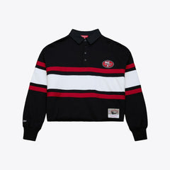 San Francisco 49ers Women's Cropped Long Sleeve Rugby Polo - Black - Mitchell & Ness