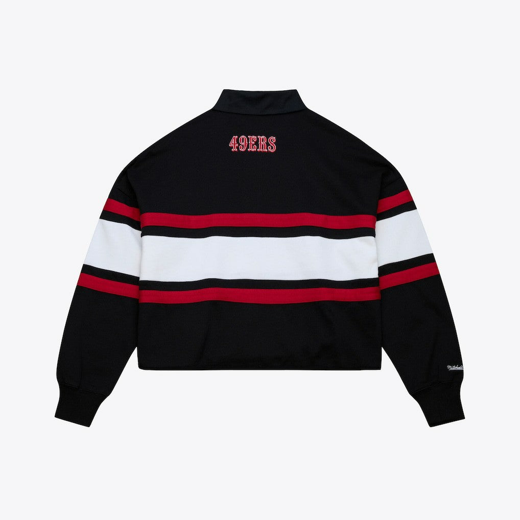 San Francisco 49ers Women's Cropped Long Sleeve Rugby Polo - Black - Mitchell & Ness