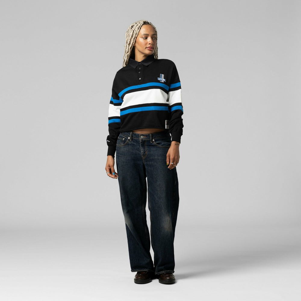 Detroit Lions Women's Cropped Long Sleeve Rugby Polo - Black - Mitchell & Ness