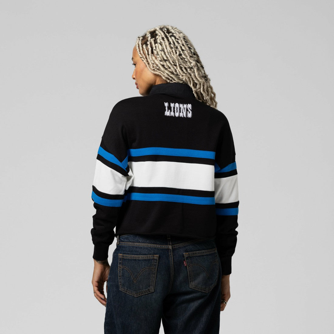 Detroit Lions Women's Cropped Long Sleeve Rugby Polo - Black - Mitchell & Ness