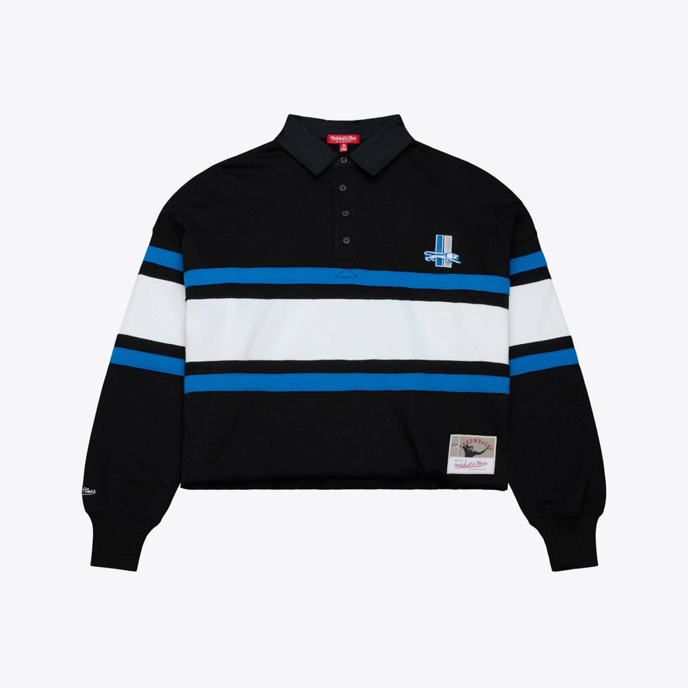 Detroit Lions Women's Cropped Long Sleeve Rugby Polo - Black - Mitchell & Ness