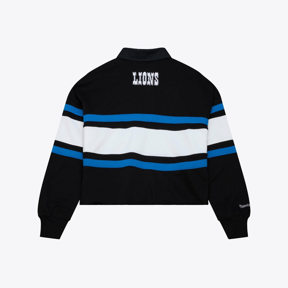 Detroit Lions Women's Cropped Long Sleeve Rugby Polo - Black - Mitchell & Ness