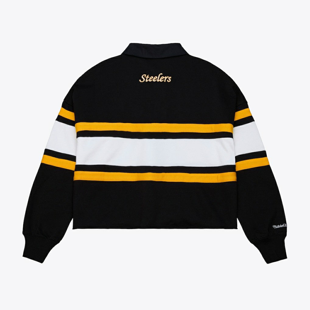 Pittsburgh Steelers Women's Cropped Long Sleeve Rugby Polo - Black - Mitchell & Ness