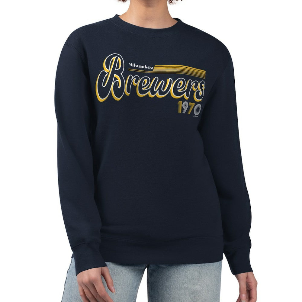 Milwaukee Brewers Starter Women's Groovy Script Team Fleece Pullover Sweatshirt Sale
