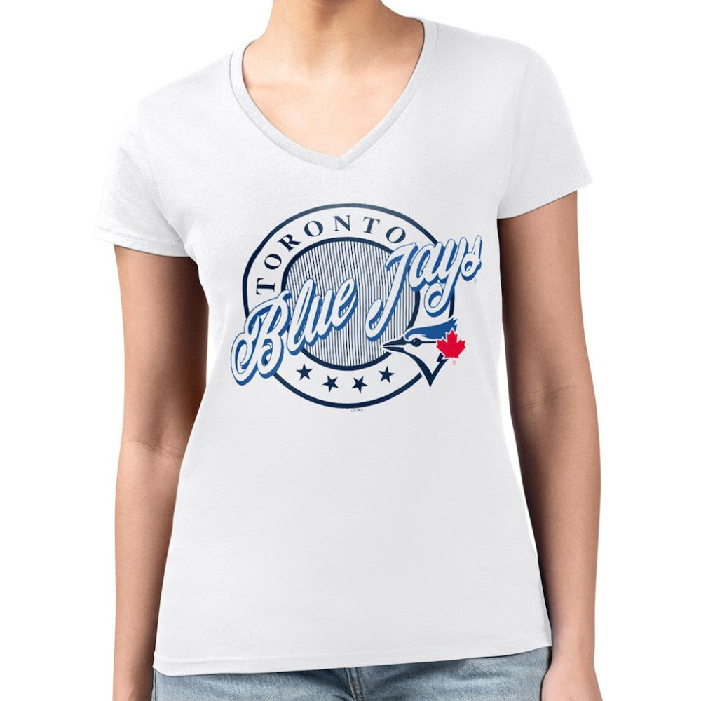Toronto Blue Jays G-III 4Her by Carl Banks Women's Super-Slim Fit Lightweight Pinstripe Circle V-Neck T-Shirt Near Me
