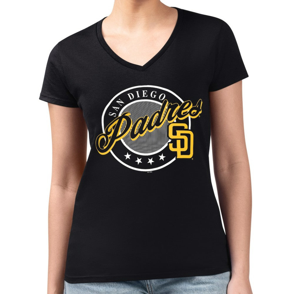 San Diego Padres G-III 4Her by Carl Banks Women's Super-Slim Fit Lightweight Pinstripe Circle V-Neck T-Shirt Discount