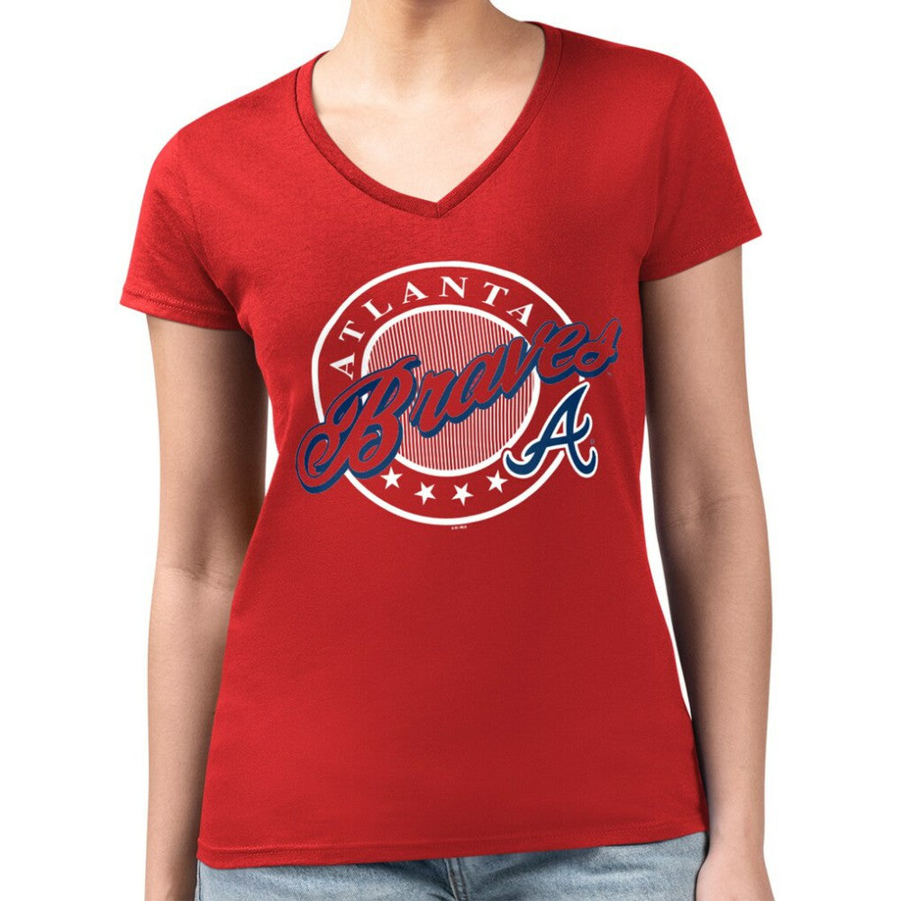 Atlanta Braves G-III 4Her by Carl Banks Women's Super-Slim Fit Lightweight Pinstripe Circle V-Neck T-Shirt Near Me