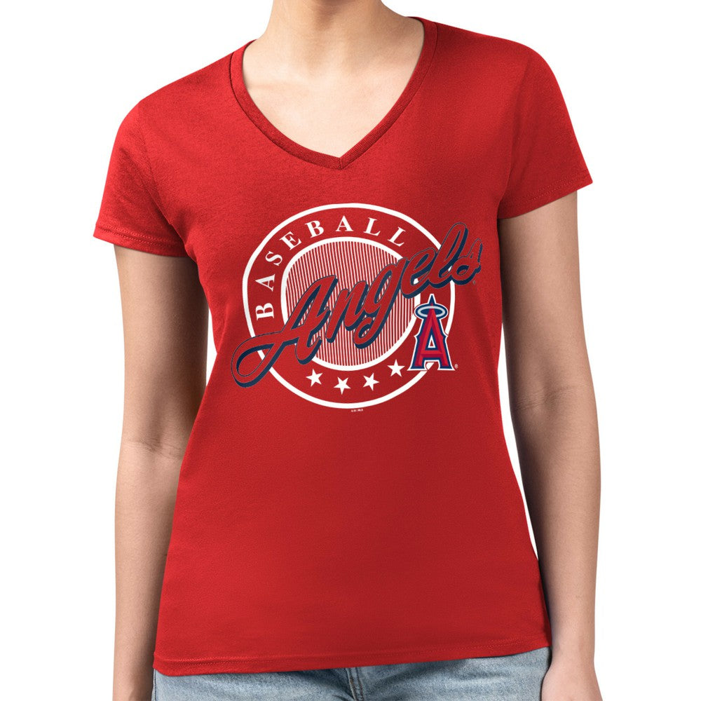 Los Angeles Angels G-III 4Her by Carl Banks Women's Super-Slim Fit Lightweight Pinstripe Circle V-Neck T-Shirt Sale